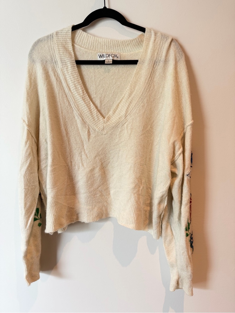 Wildfox Cream V-Neck Embroidered Sleeve Sweater